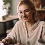 young blonde woman smiling working on a laptop at home