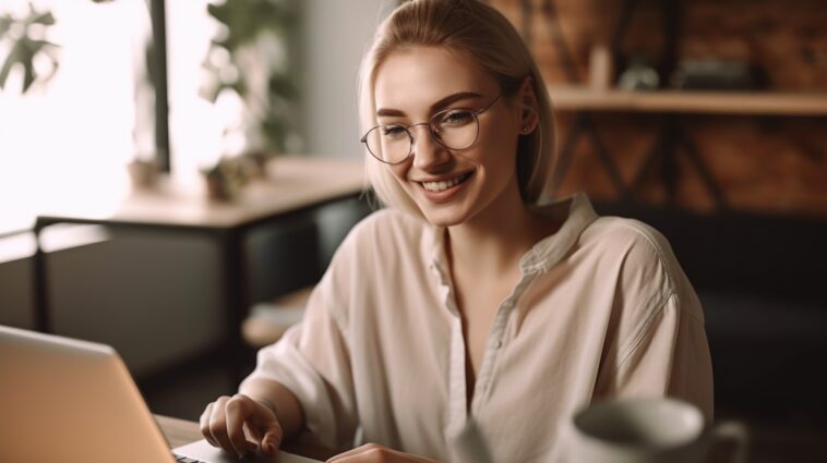 young blonde woman smiling working on a laptop at home